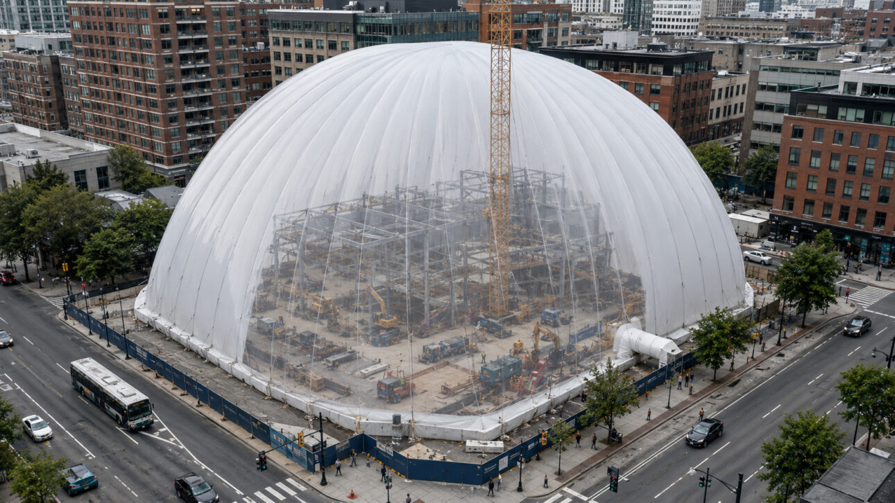Large white inflatable dome covers a construction site surrounded by buildings and avenues in an urban area.