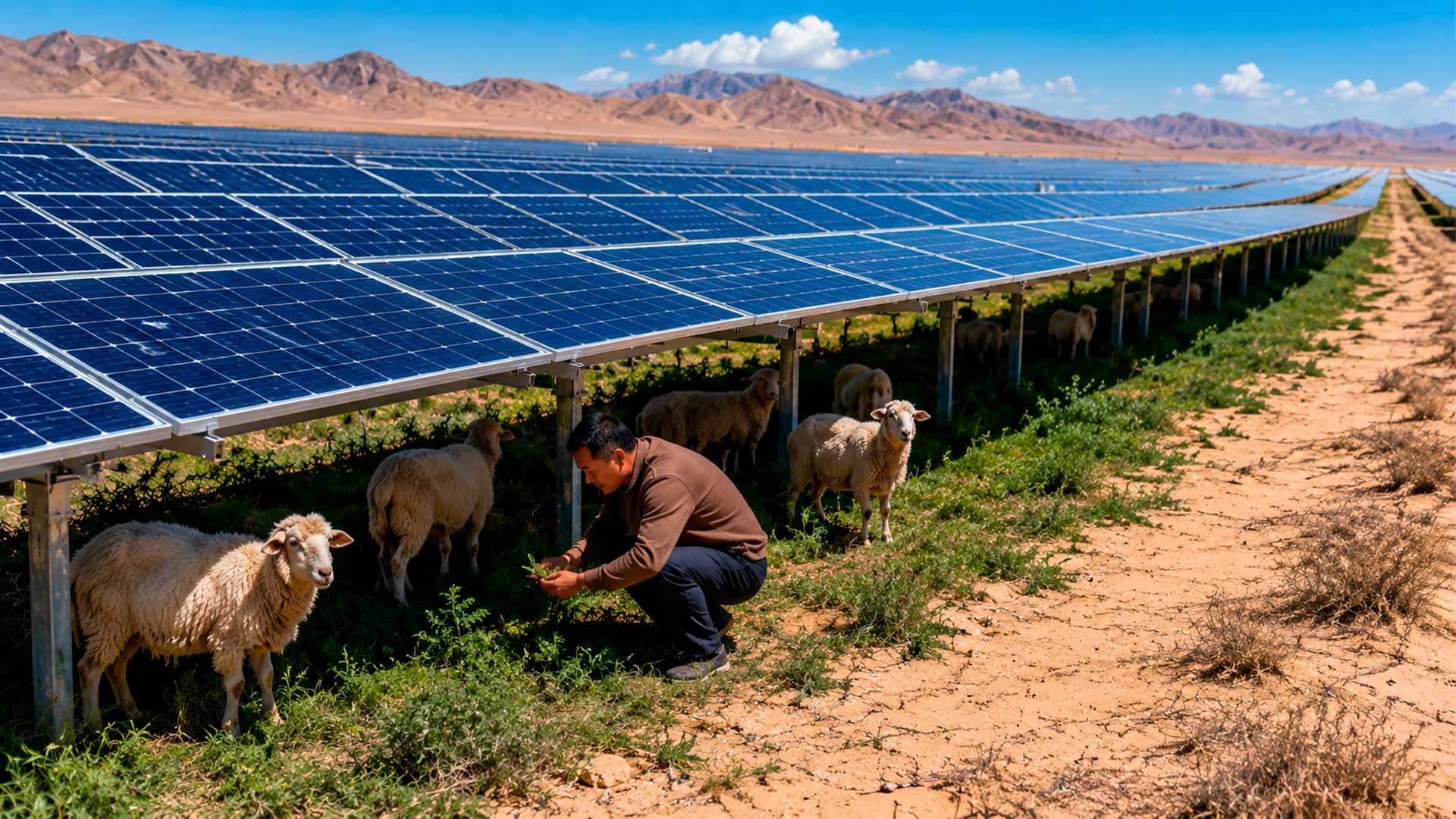 China instala painéis solares em área desértica e estudo aponta aumento de vegetação sob as placas no parque Qinghai Gonghe