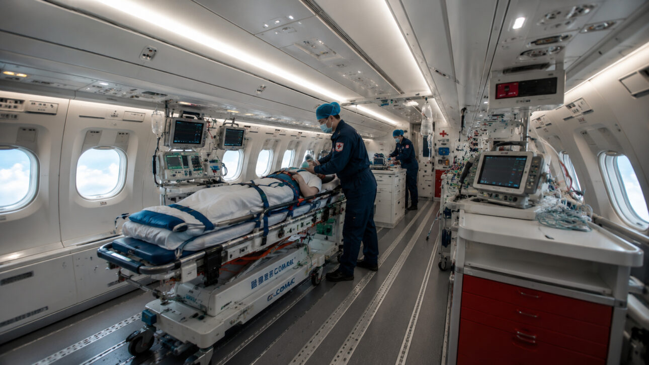 Healthcare professionals attend to a patient on a stretcher inside a medical aircraft equipped with monitors and hospital equipment.