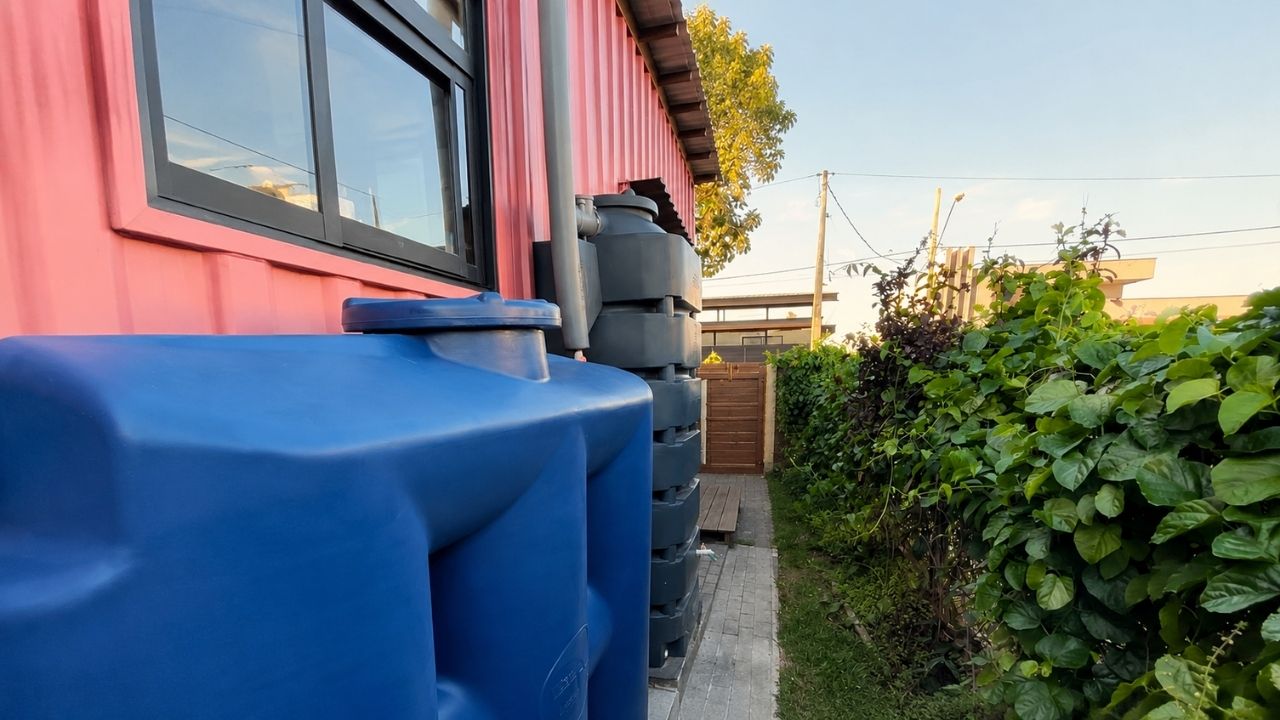 vertical cistern becomes water tank for potable water with reservoir and pressure pump in compact house.