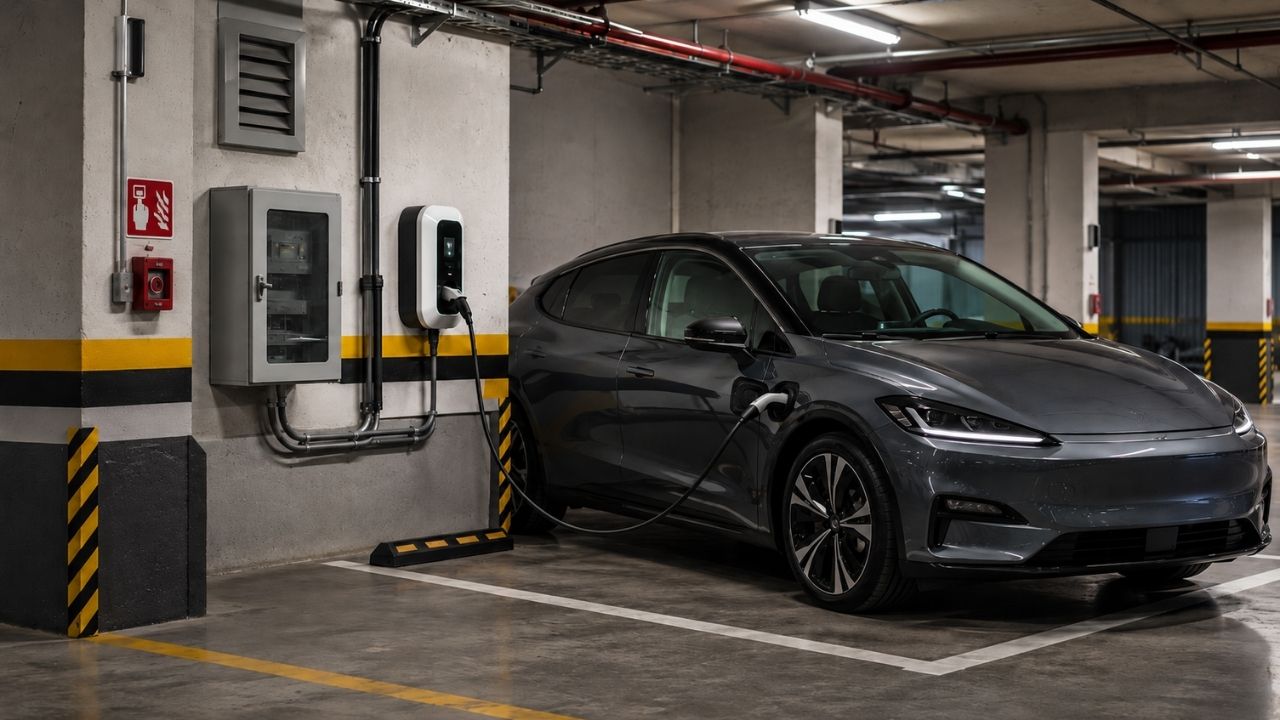 Carregador de carro elétrico em garagem de prédio exige segurança contra incêndio, circuito exclusivo e responsável técnico.
