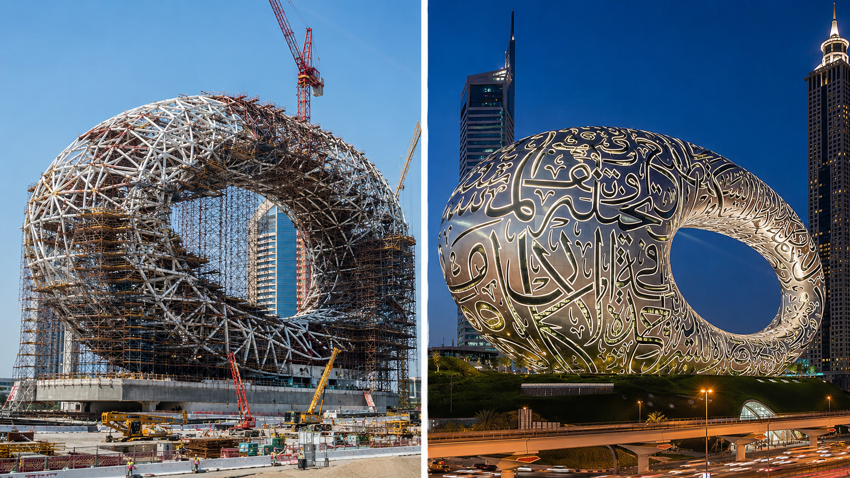 Museu do Futuro, em Dubai, tem 77 metros, fachada de aço com 1.024 painéis, caligrafia árabe iluminada e estrutura em forma de anel.