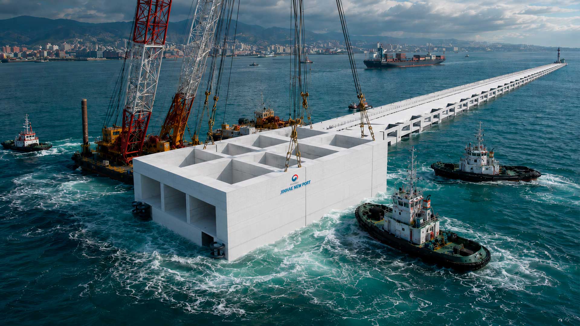 Coreia do Sul usará blocos de concreto de 12,5 mil toneladas para construir quebra-mar de 1,4 km no novo porto de Jinhae, em Busan