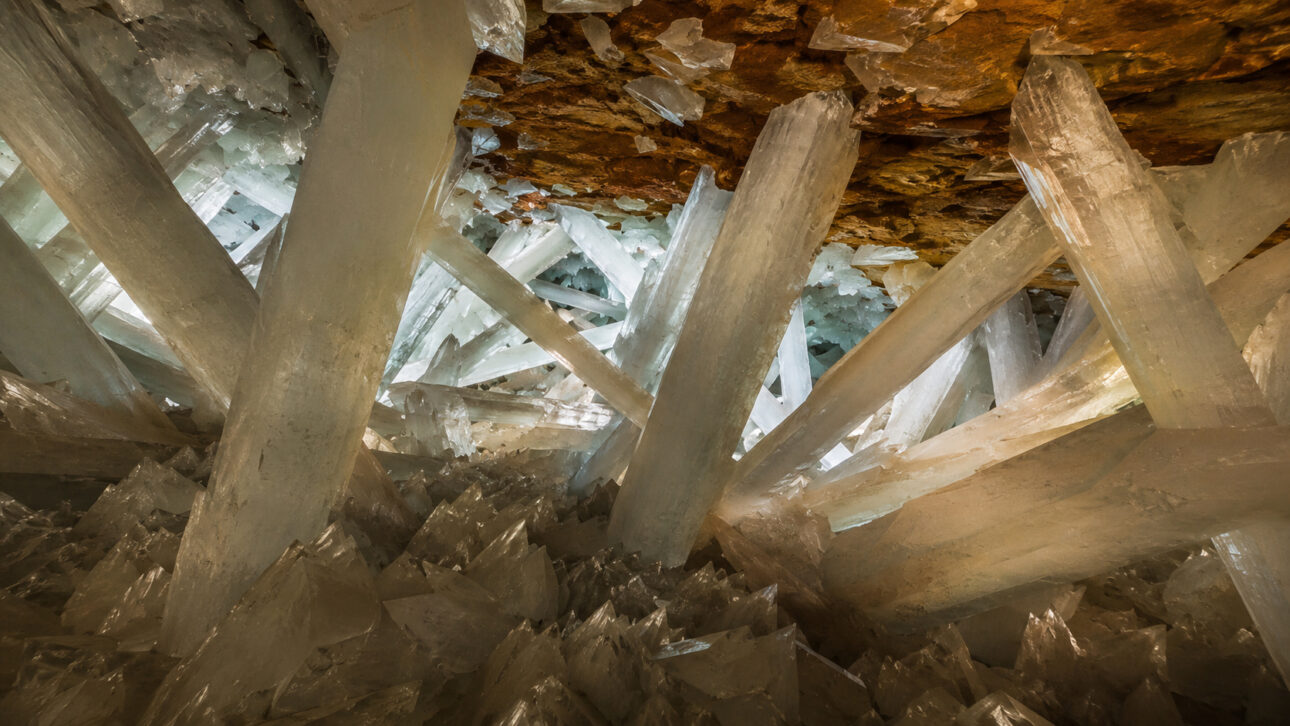 The Crystal Cave of Naica, in Mexico, houses gypsum giants up to 11 meters and an extreme environment of almost lethal heat and humidity.