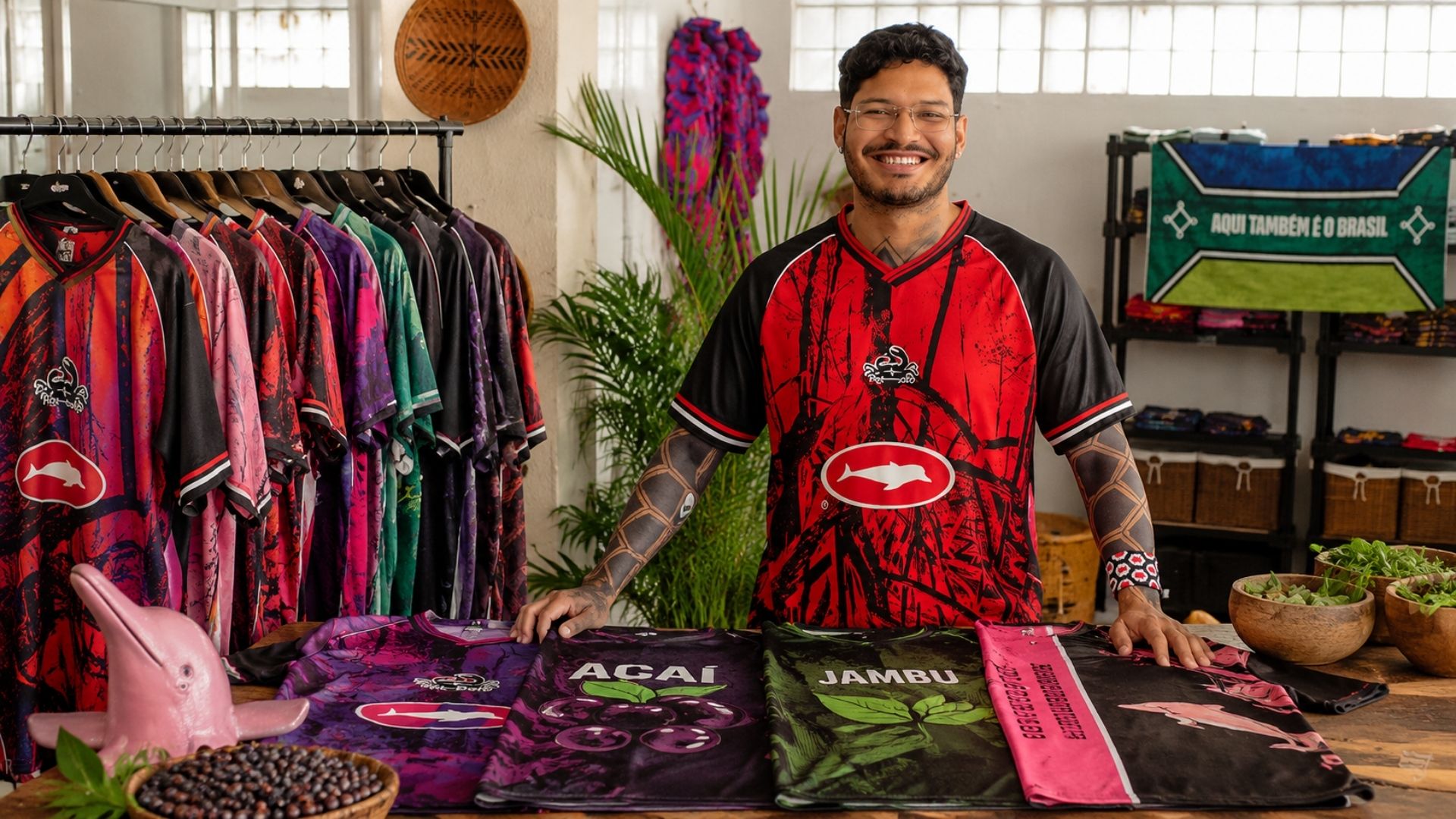Com R$ 1 mil, João Boto criou a Pink Boto em Tailândia (PA) e leva açaí, jambu e boto a camisetas esportivas; veja os números e a collab com a Havaianas.