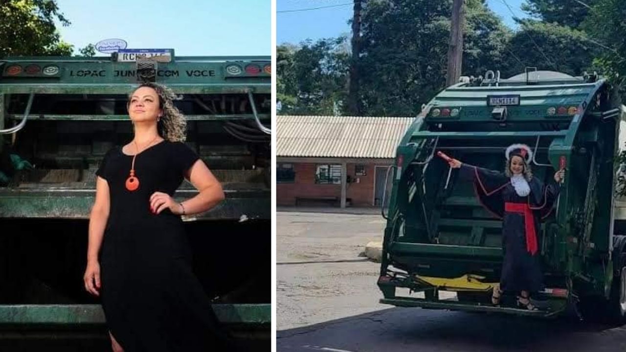 Ex-gari que trabalhou 12 anos na Codeca se forma em Direito pela UCS e escolhe a sede da empresa, o caminhão da coleta e os antigos colegas como cenário do ensaio em Caxias do