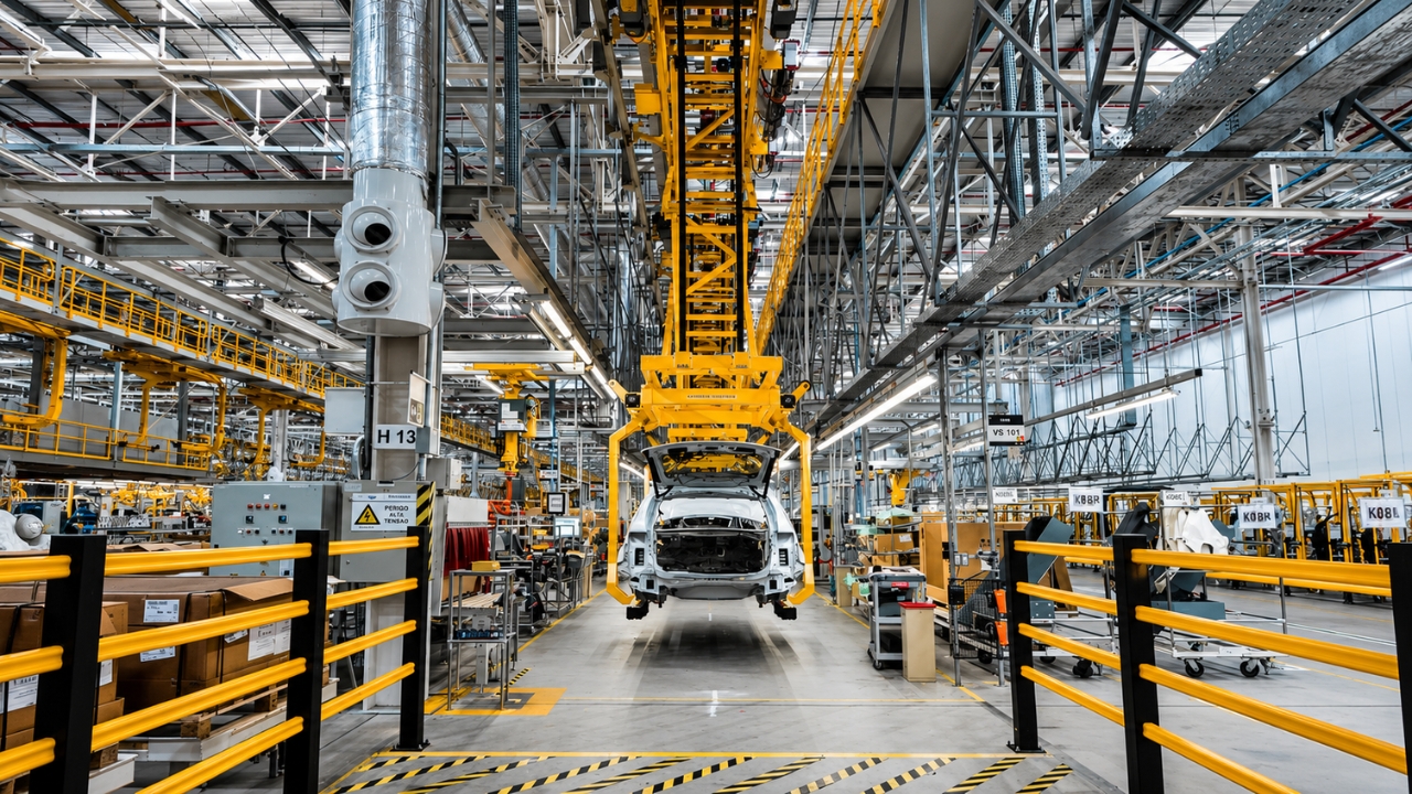 Estructura interna de montaje automotriz muestra la etapa final de producción de SUVs, modelo similar al régimen SKD usado por Jaguar Land Rover en Itatiaia, en el cual partes del vehículo llegaban del exterior prácticamente listas y la fábrica brasileña se concentraba en el montaje final, con menor nacionalización y fuerte dependencia de componentes importados.