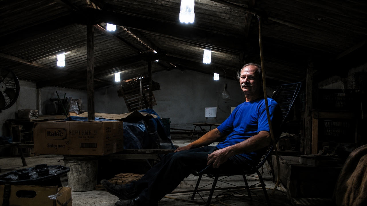 In a workshop illuminated by PET bottles installed on the roof, Alfredo Moser's invention shows how natural light can be reused without electricity.