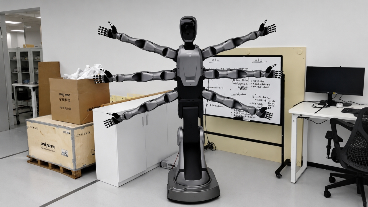 Robô humanoide de seis braços em ambiente de laboratório industrial ilustra o avanço da automação chinesa em tarefas simultâneas, movimentação de peças e troca de ferramentas em linhas de produção.