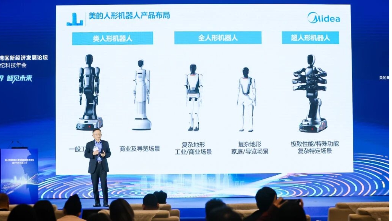 Apresentação da Midea na China mostra a linha de robôs humanoides da empresa, incluindo o modelo de seis braços MIRO U, criado para aplicações industriais complexas em fábricas e linhas de produção.