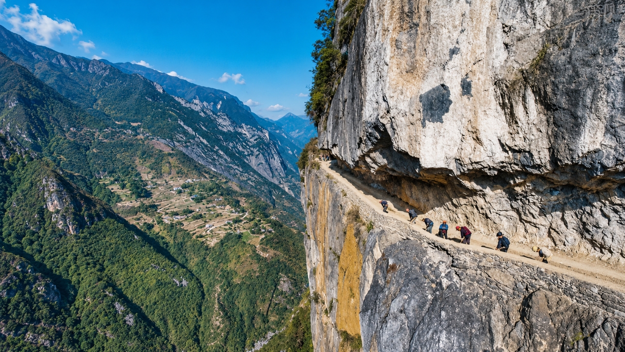 Equipe trabalha no nivelamento da base da estrada no penhasco de Laohuzui, no Grand Canyon de Lanying, em Wuxi, na China. A via de apenas 1,2 km foi aberta por 23 famílias e 83 moradores em 4 anos e 3 meses, tornando-se a única ligação de Zhoujiaping com o exterior. Antes dela, moradores precisavam escalar o paredão para entrar e sair da comunidade. Foto: Xie Zhiqiang.
