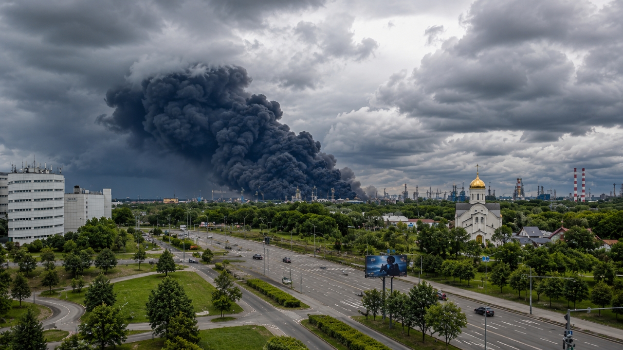 Fumaça sobre uma refinaria russa após ataque ligado à guerra na Ucrânia mostra como o conflito passou a pressionar a infraestrutura energética do país e afetar a disponibilidade de diesel no mercado internacional, com reflexos nas importações brasileiras. Fonte: Reuters.