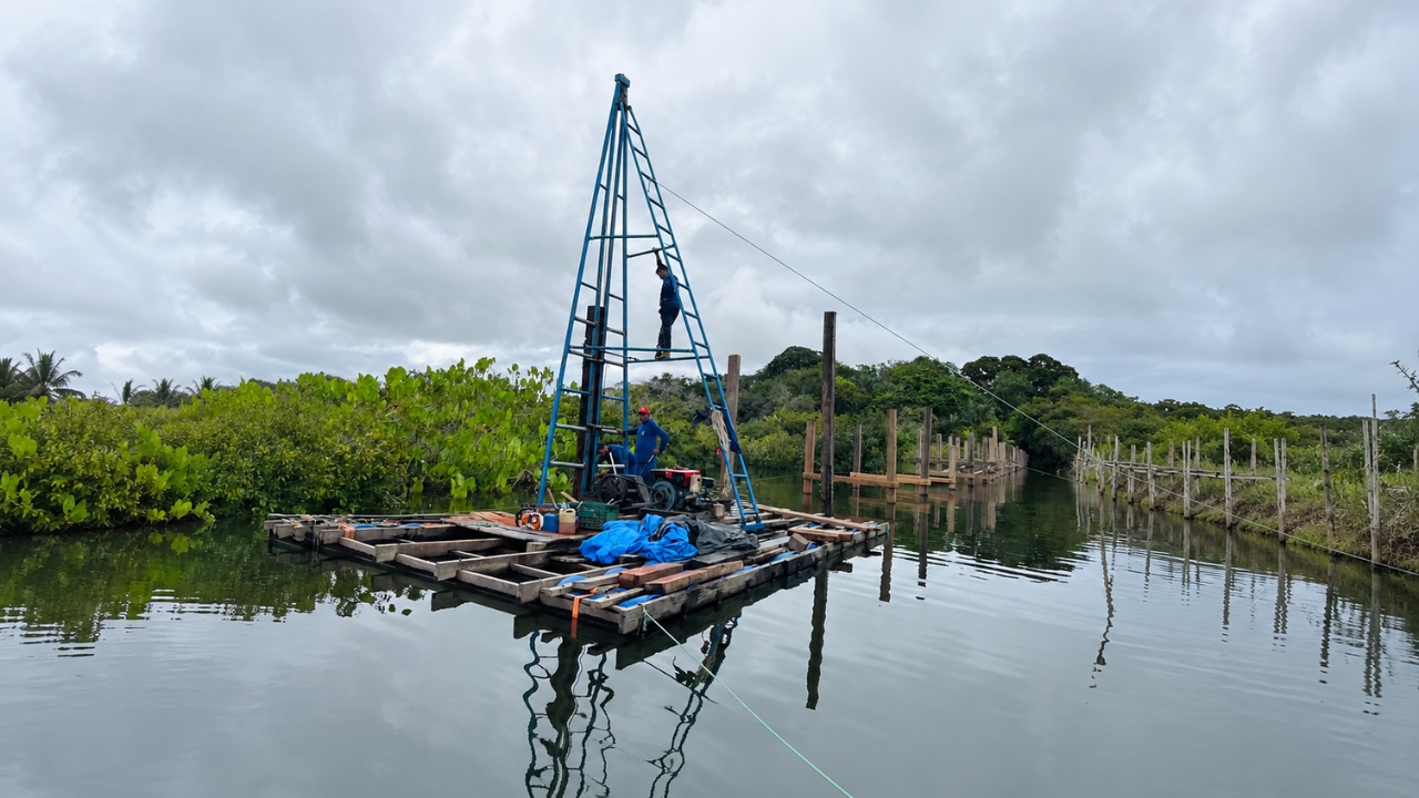 Em uma plataforma flutuante, trabalhadores cravavam as estacas que sustentariam a passagem sobre a área inundável. A obra começou em janeiro de 2026, chegou a 80% em maio e foi entregue em 6 de junho, cerca de 138 dias após a ordem de serviço. Fonte: Prefeitura de Santarém.