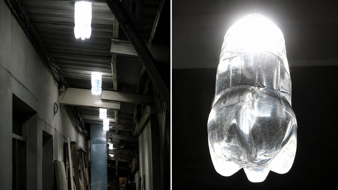 PET bottles with water function as natural light points on the ceiling, using the refraction of solar rays to brighten the environment during the day.