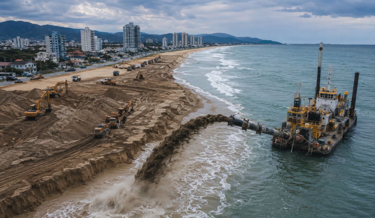 Engorda da Praia Central de Piçarras custou R$ 53 milhões e voltou ao debate após erosão e escarpas surgirem na faixa alargada. (Imagem: Ilustrativa)