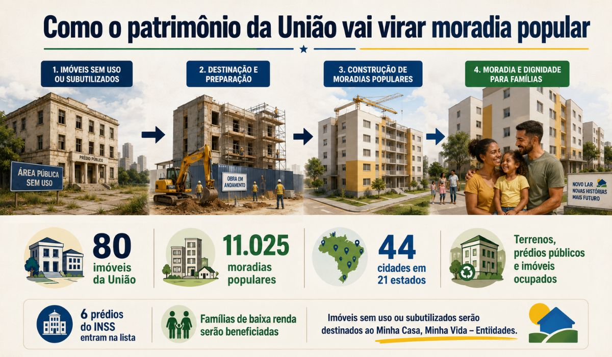 Imagem ilustrativa resume a proposta do governo federal de destinar 80 imóveis da União, entre terrenos e prédios sem uso ou subutilizados, para a criação de 11.025 moradias populares em 44 cidades de 21 estados pelo Minha Casa, Minha Vida – Entidades.