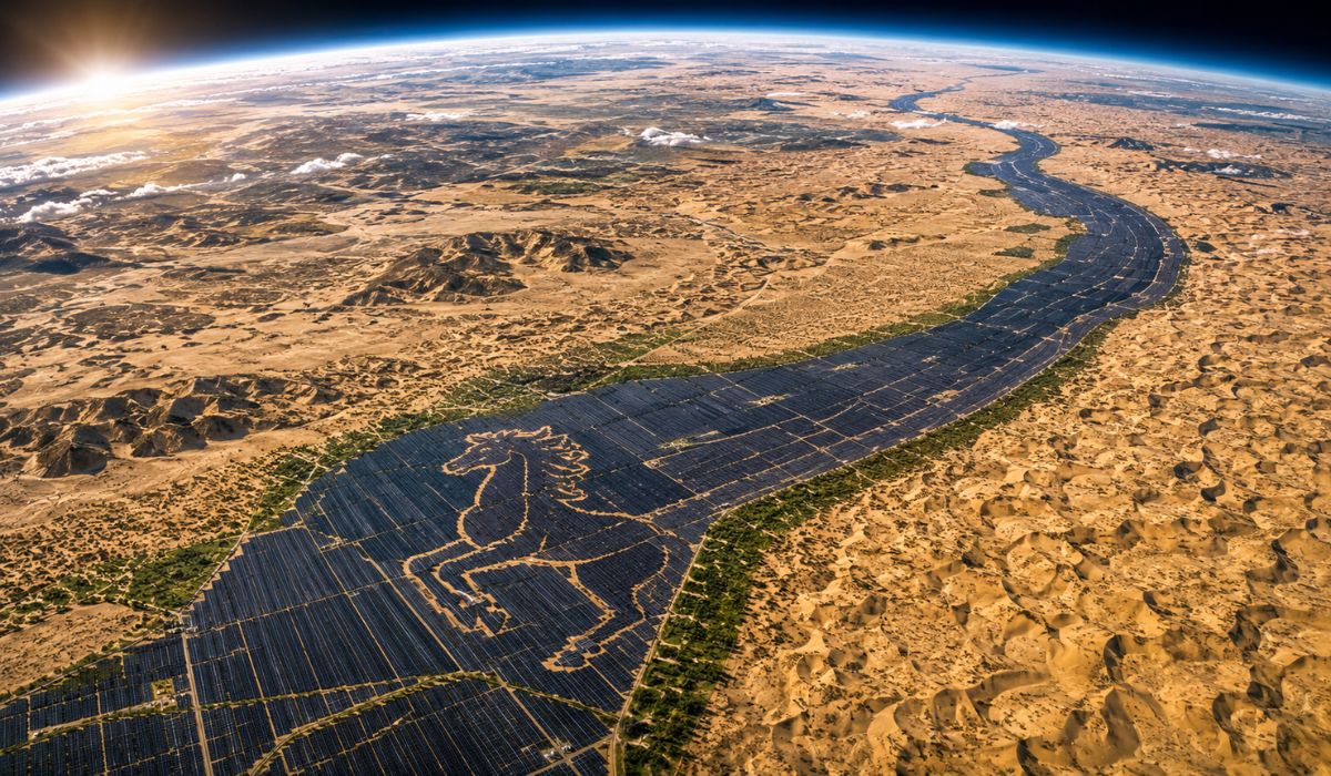 China avança com a Grande Muralha Solar no deserto de Kubuqi, projeto de 400 km que une energia limpa e combate à desertificação. (Imagem: Ilustrativa)