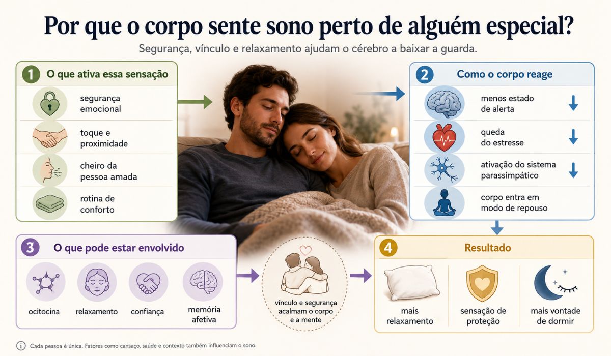 Illustrative summary of how emotional security, emotional bond, and relaxation can reduce the body's alert state and promote sleep next to someone special.