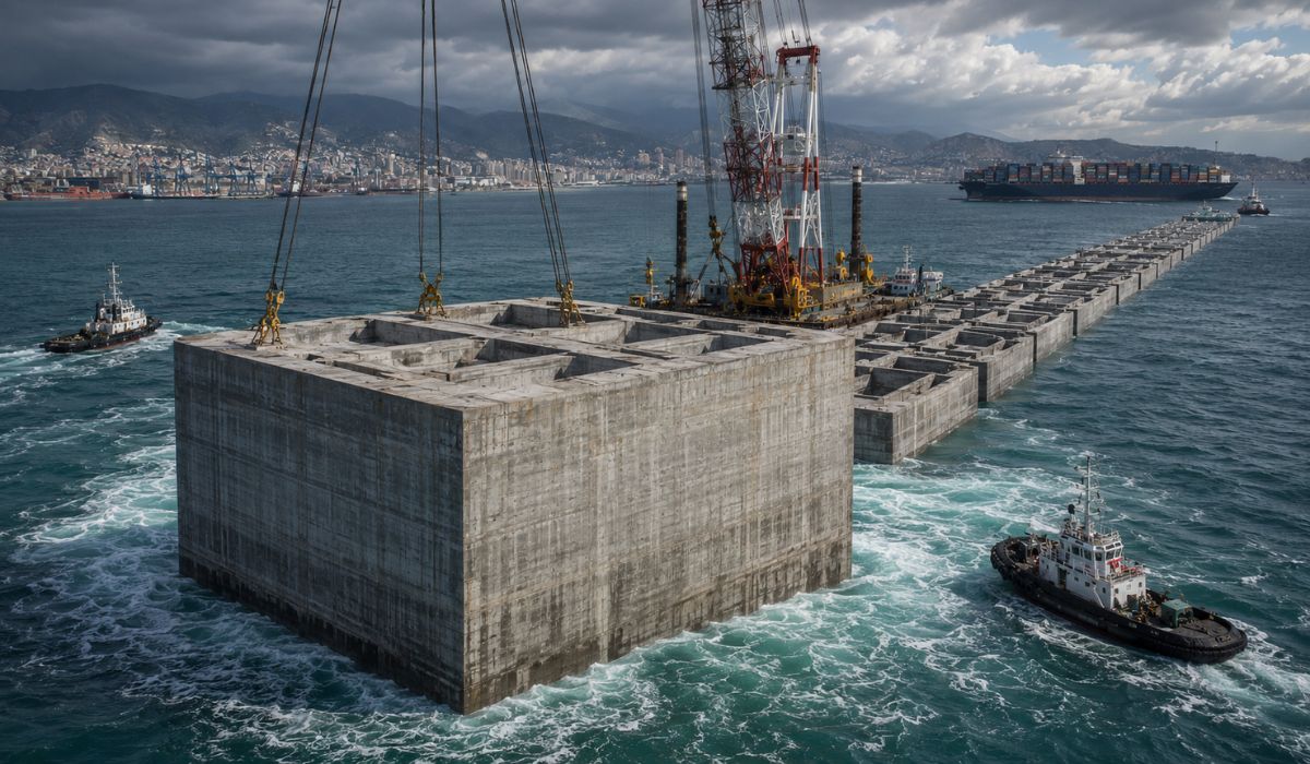 Itália instala megacaixões de concreto no Mar da Ligúria para ampliar o porto de Gênova e receber navios de 400 metros. (Imagem: Ilustrativa)