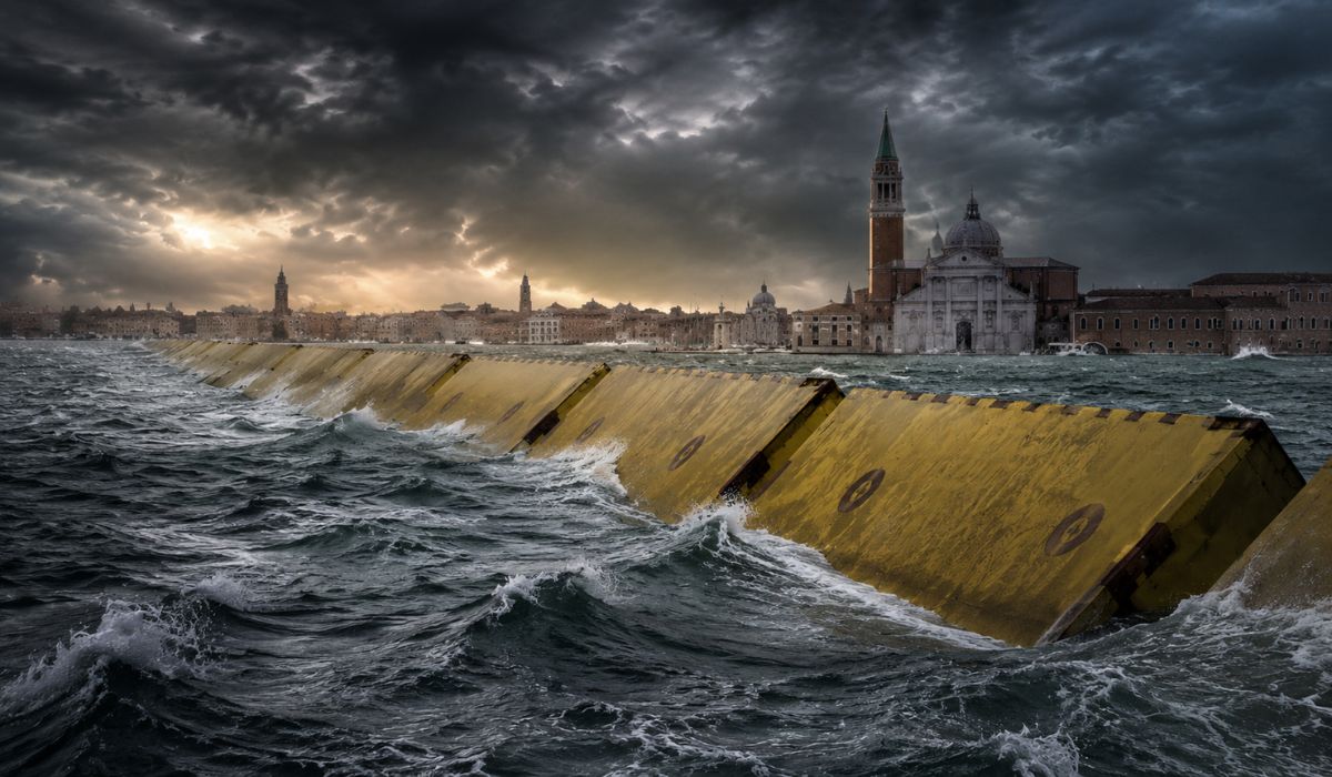Entenda como o sistema Mose usa 78 comportas submersas para proteger Veneza das marés extremas e do avanço do Adriático sem aparecer na paisagem. (Imagem: Ilustrativa)
