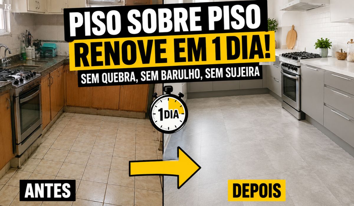 Veja como o piso sobre piso pode renovar a cozinha sem quebradeira, desde que a base esteja firme, seca, limpa e nivelada antes da instalação. (Imagem: Ilustrativa)