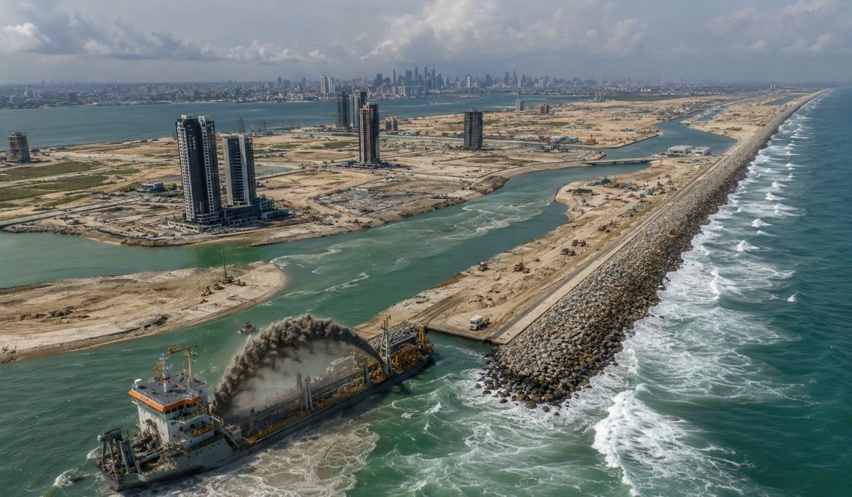 Eko Atlantic, na Nigéria, usa milhões de m³ de areia e uma muralha marítima para criar uma cidade planejada sobre o Atlântico. (Imagem: Ilustrativa)