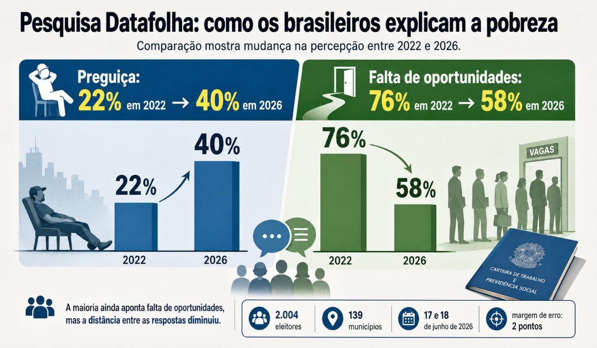 Art shows the main data from the Datafolha survey: the association between poverty and 'laziness' rose from 22% to 40%, while the explanation for lack of opportunities fell from 76% to 58% between 2022 and 2026.