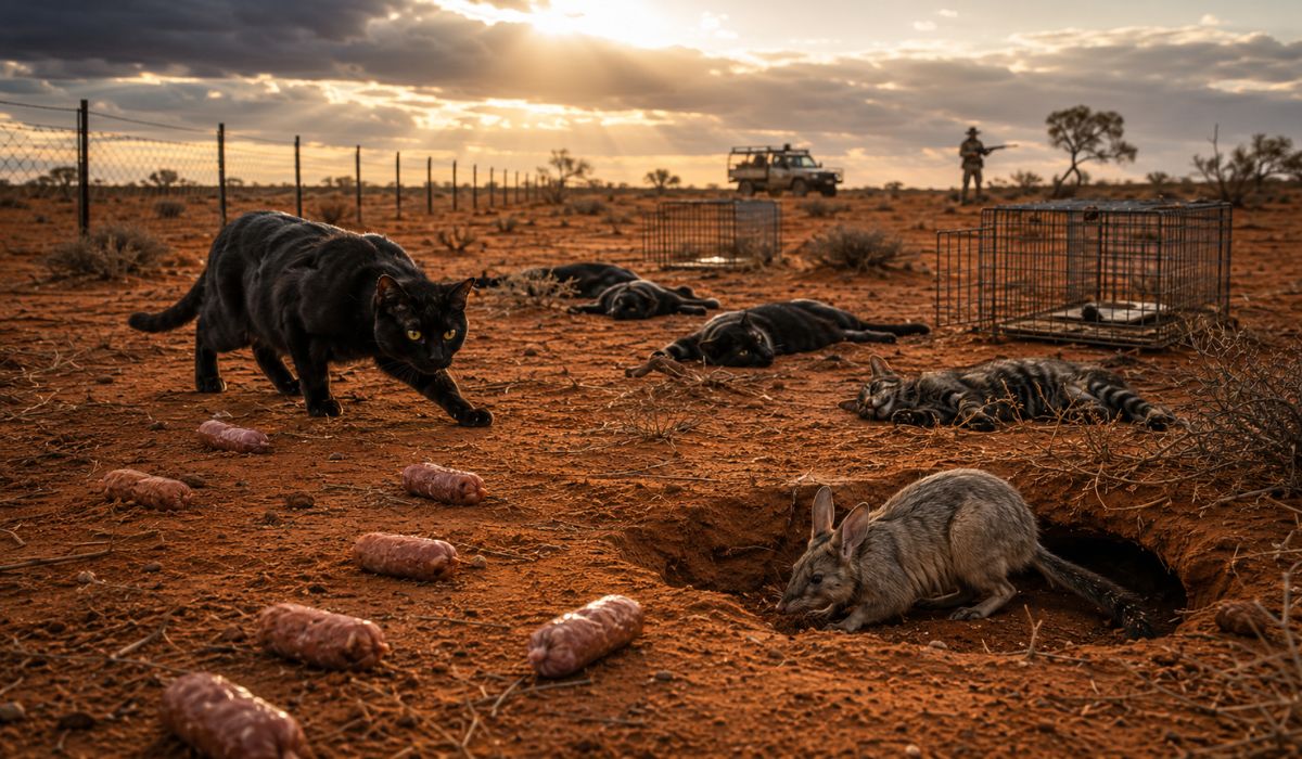 Austrália usa iscas tóxicas contra gatos ferais que ameaçam espécies nativas e reacende debate sobre biodiversidade e conservação. (Imagem: Ilustrativa)
