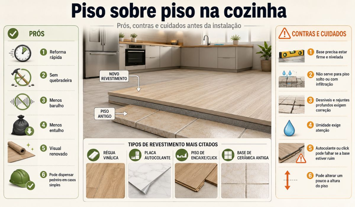 Illustration shows the main pros, cons, and care of floor over floor in the kitchen, an alternative that renews the environment without breaking, but requires a firm, dry, and leveled base.