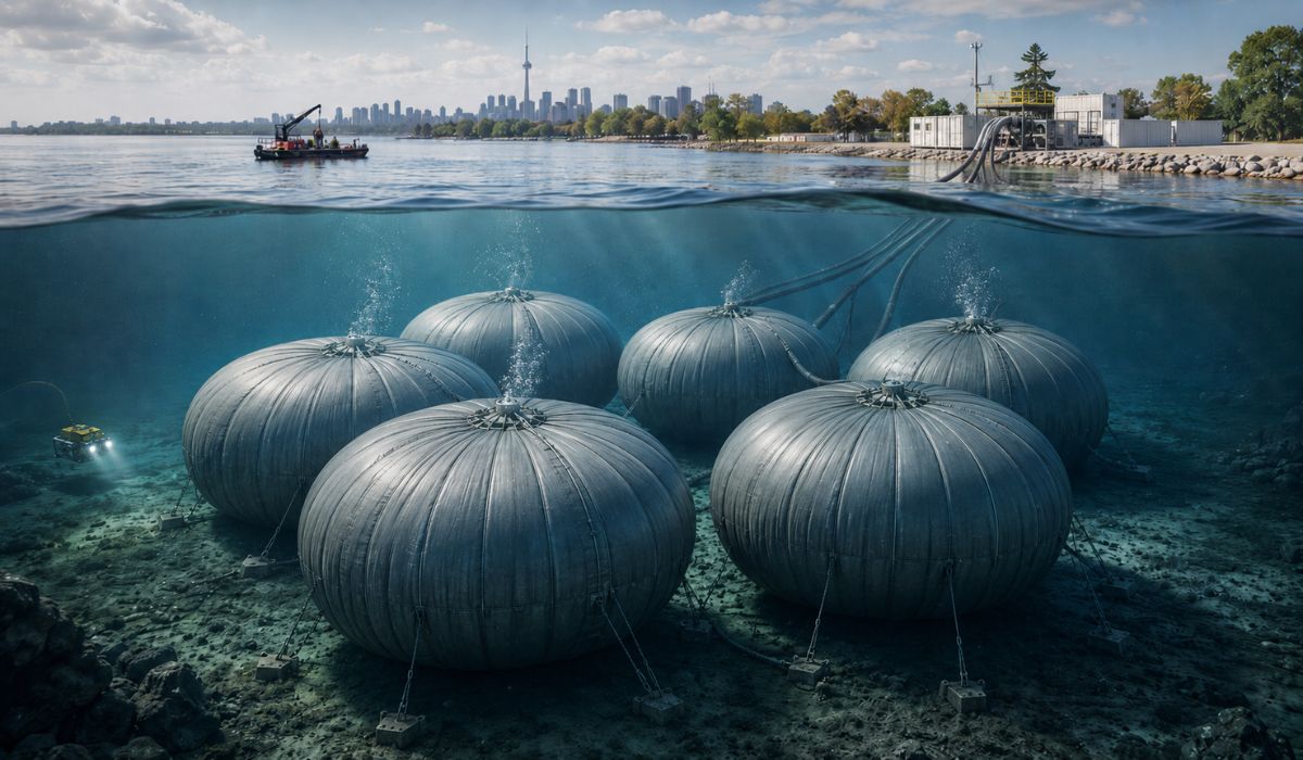 Entenda como balões submersos no Lago Ontário testaram armazenamento de energia com ar comprimido e pressão da água no Canadá. (Imagem: Ilustrativa)