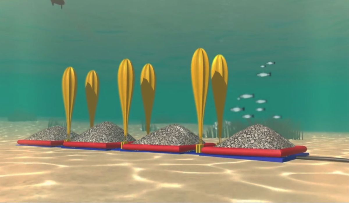 Esta imagem ilustra o sistema da Hydrostor, que armazena energia renovável convertendo eletricidade excedente em ar comprimido