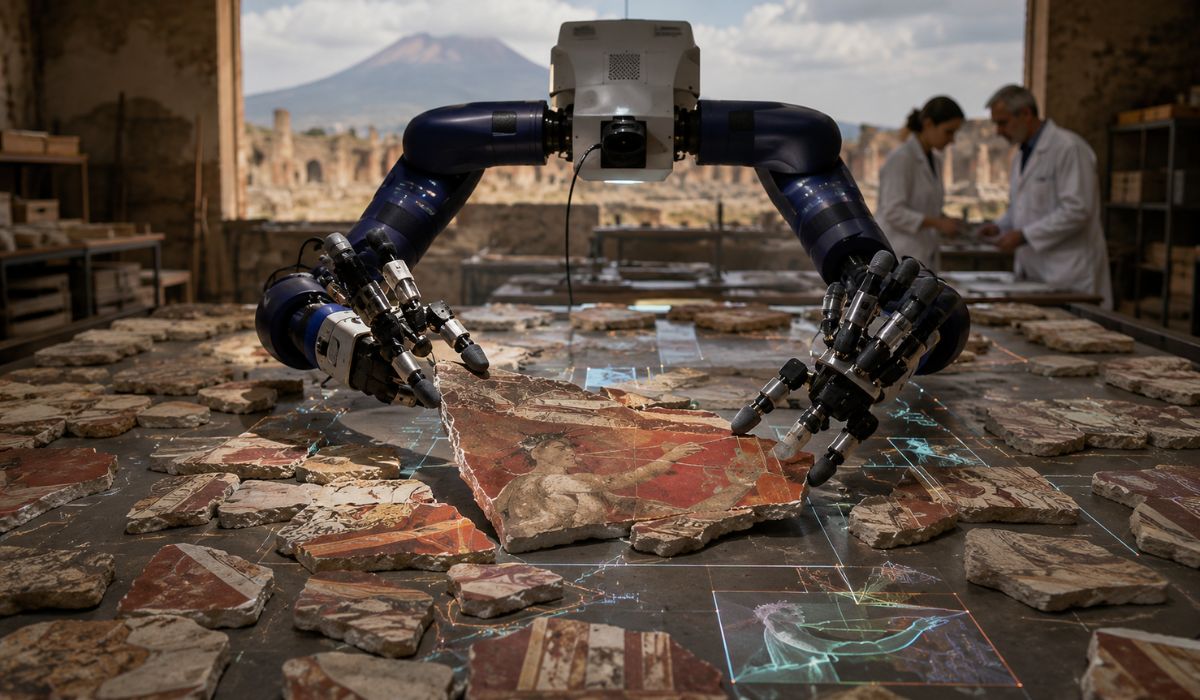 Robô com IA auxilia arqueólogos a recompor afrescos de Pompeia, unindo fragmentos antigos com visão computacional e braços mecânicos. (Imagem: Ilustrativa)