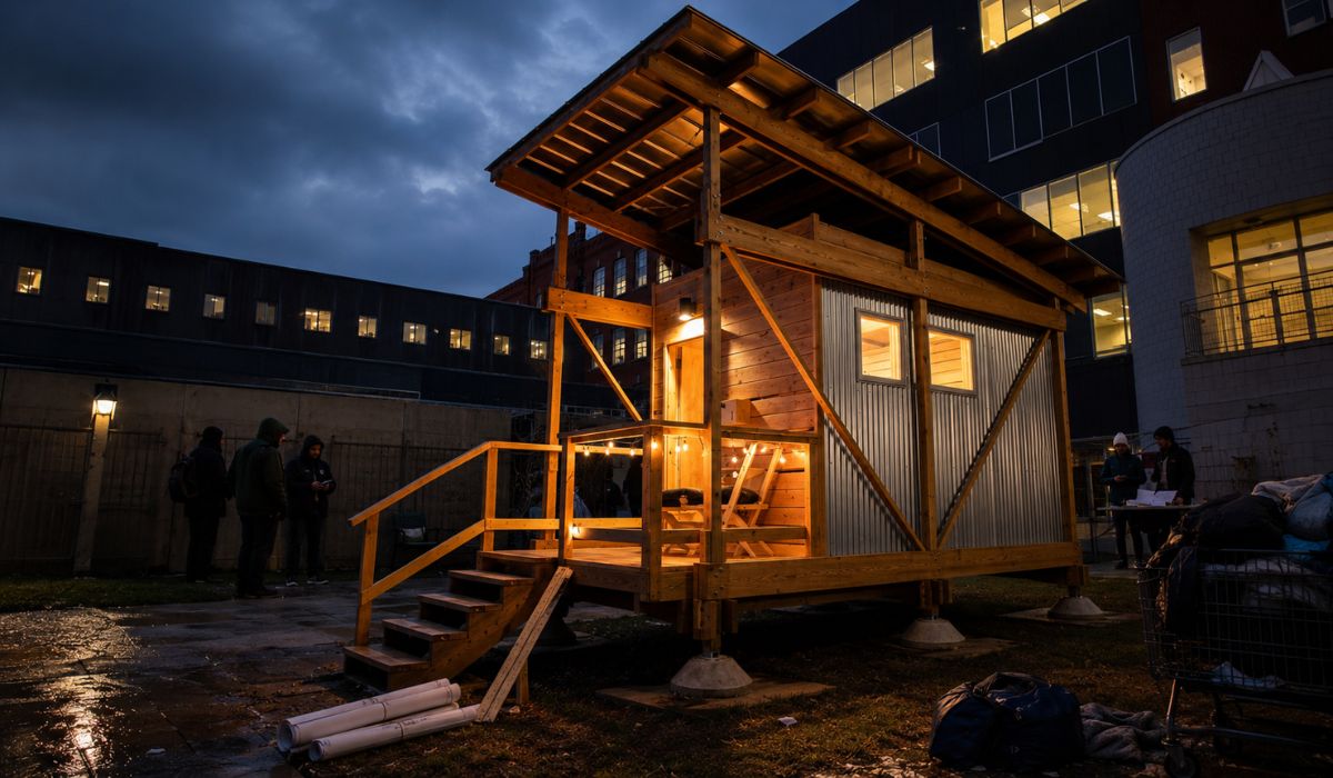 Microcasa criada por estudantes em Newark mostra como construção compacta pode virar alternativa para moradia temporária de sem-teto. (Imagem: Ilustrativa)