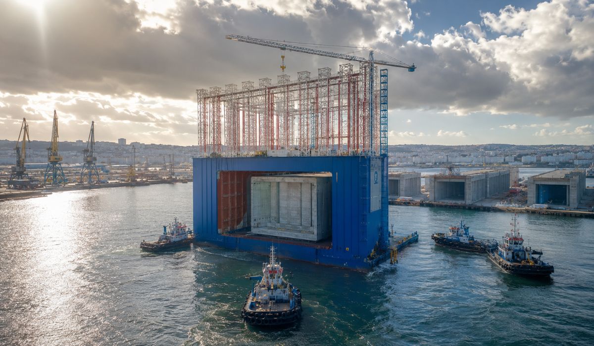 Doca flutuante de 56 metros usada na Espanha fabrica caixões de concreto no porto e mostra avanço da construção marítima modular em obras. (Imagem: Ilustrativa)