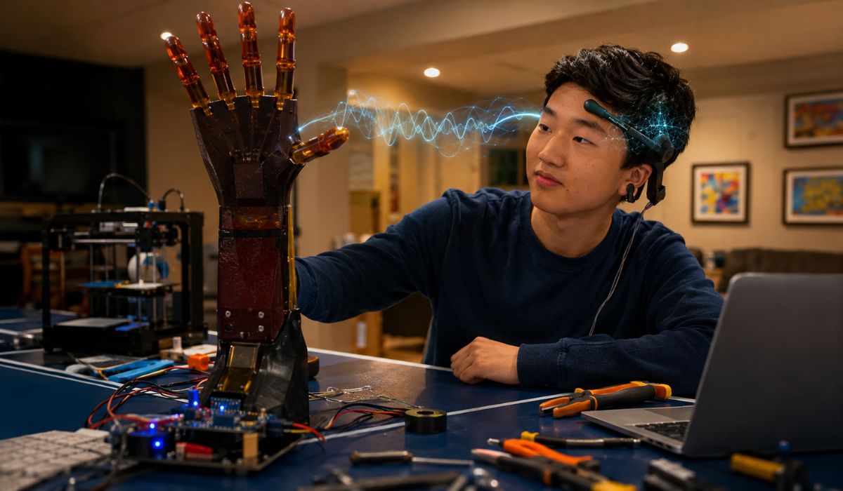 Estudante cria prótese não invasiva controlada por sinais cerebrais e IA, com baixo custo e tecnologia assistiva acessível. (Imagem: Ilustrativa)