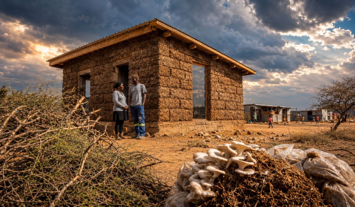 Casa feita com resíduos de cogumelos e arbustos na Namíbia testa blocos de micélio para construção sustentável em moradias acessíveis. (Imagem: Ilustrativa)