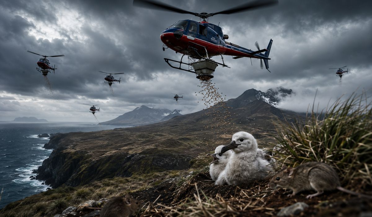 Projeto em Marion Island prevê iscas contra camundongos invasores que atacam albatrozes e ameaçam aves marinhas perto da Antártida. (Imagem: Ilustrativa)
