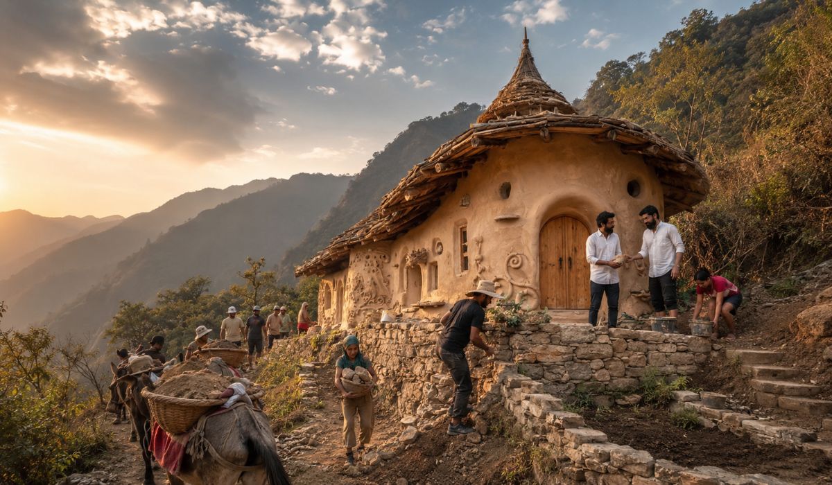 Casa de barro no Himalaia vira hospedagem após irmãos deixarem Nova Délhi, carregarem pedras e reunirem voluntários de 18 países. (Imagem: Ilustrativa)