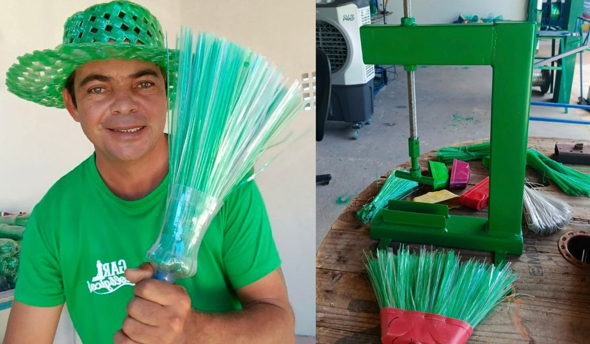 Gari brasileiro criou máquina que transforma garrafas PET em vassouras e renda no sertão da Paraíba, unindo reciclagem e inovação popular. - Foto: Reprodução/Giorggio Abrantes