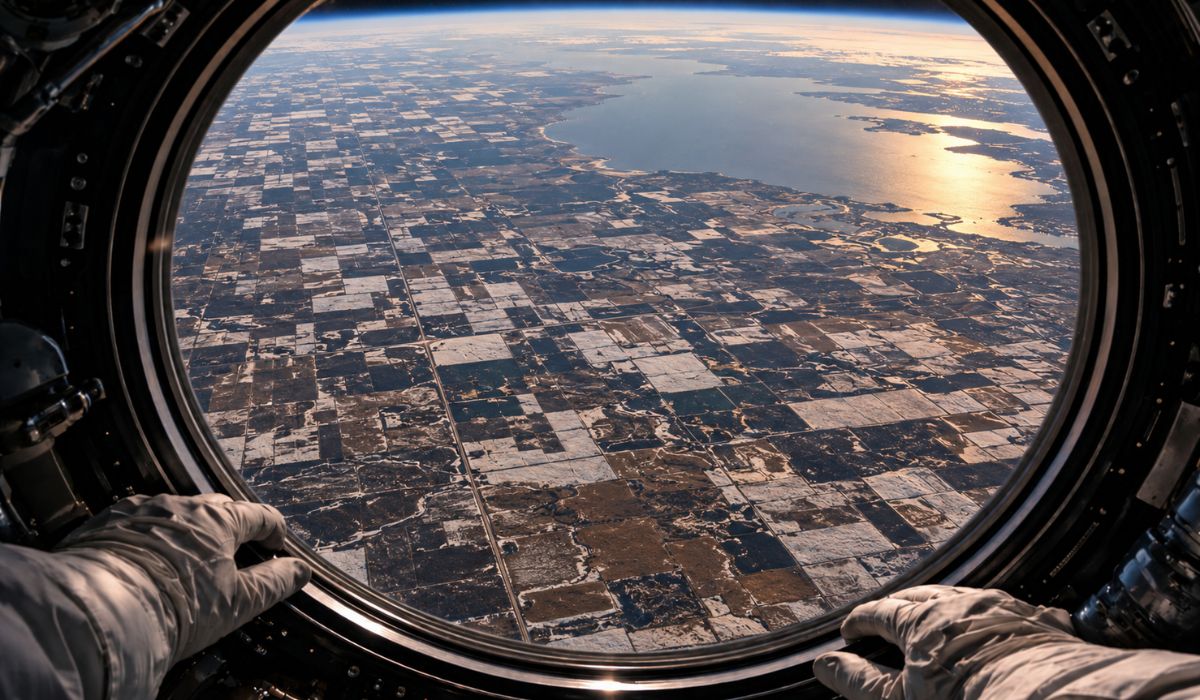 Imagem da Nasa mostra lavouras geométricas no Canadá sobre o antigo Lago Agassiz, que deixou sedimentos férteis há 12 mil anos. (Imagem: Ilustrativa)