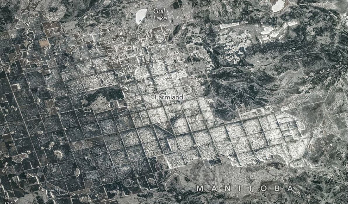 Esta imagem de satélite mostra campos agrícolas no sudeste de Manitoba, Canadá, cobertos de neve e gelo - Imagem: Reprodução/Nasa