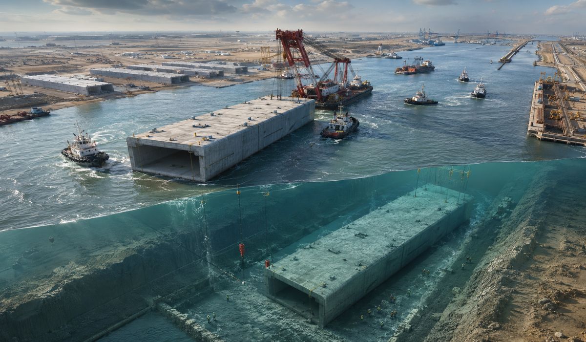 Túnel submerso no Iraque usa módulos de 46 mil toneladas para ligar o Porto de Al Faw à nova rota terrestre até a Europa via Turquia. (Imagem: Ilustrativa)