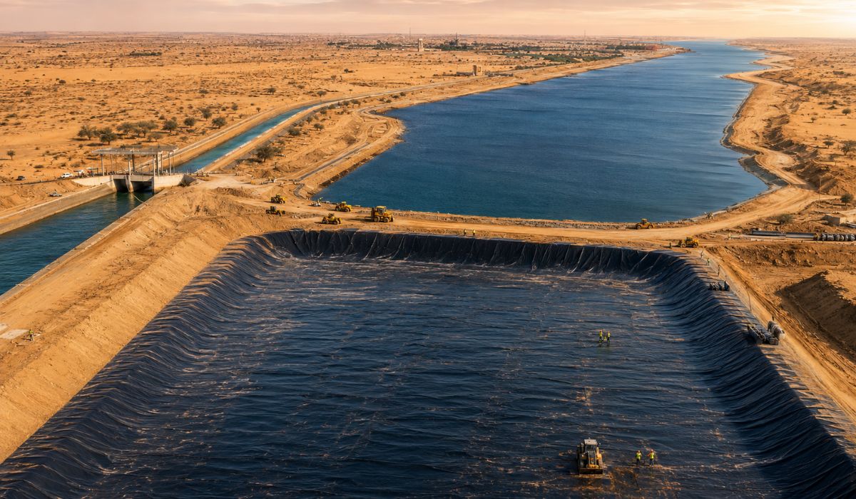 Lago artificial no Deserto de Thar usa manta de 300 micra para guardar 1,41 bilhão de litros e abastecer 5 milhões em períodos de manutenção. (Imagem: Ilustrativa)