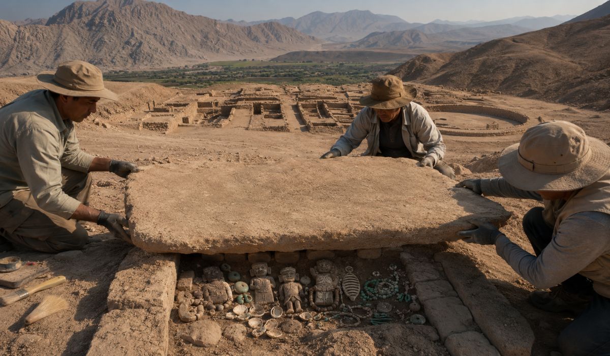 Oferenda de 3.800 anos achada em Peñico revela 43 objetos, conchas e figuras ligados à tradição Caral e às primeiras cidades do Peru. (Imagem: Ilustrativa)