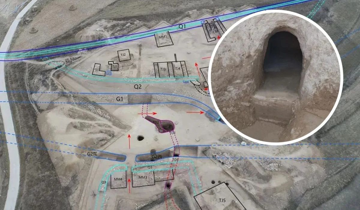 Mapa sobreposto à área escavada mostra a posição dos túneis, portões, muralhas e fossos de Houchengzui - Imagem: Chinese Academy of Social Sciences/China Archaeology Network/Reprodução.