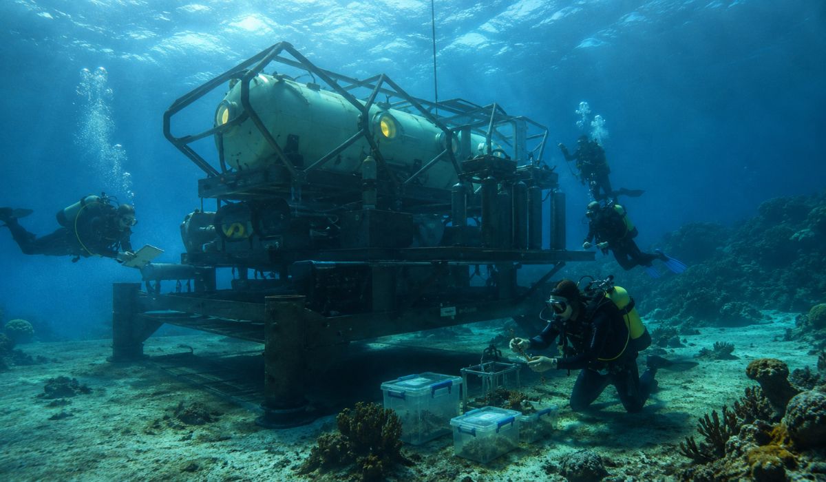 Vanguard, habitat submarino da DEEP, permitirá pesquisas contínuas a 17 metros de profundidade e estudos sobre corais e o corpo humano. (Imagem: Ilustrativa)