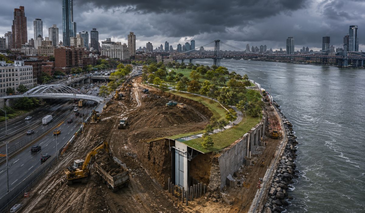 Projeto em Nova York eleva o East River Park e esconde barreira contra enchentes para proteger 110 mil pessoas em Manhattan, na costa leste. (Imagem: Ilustrativa)