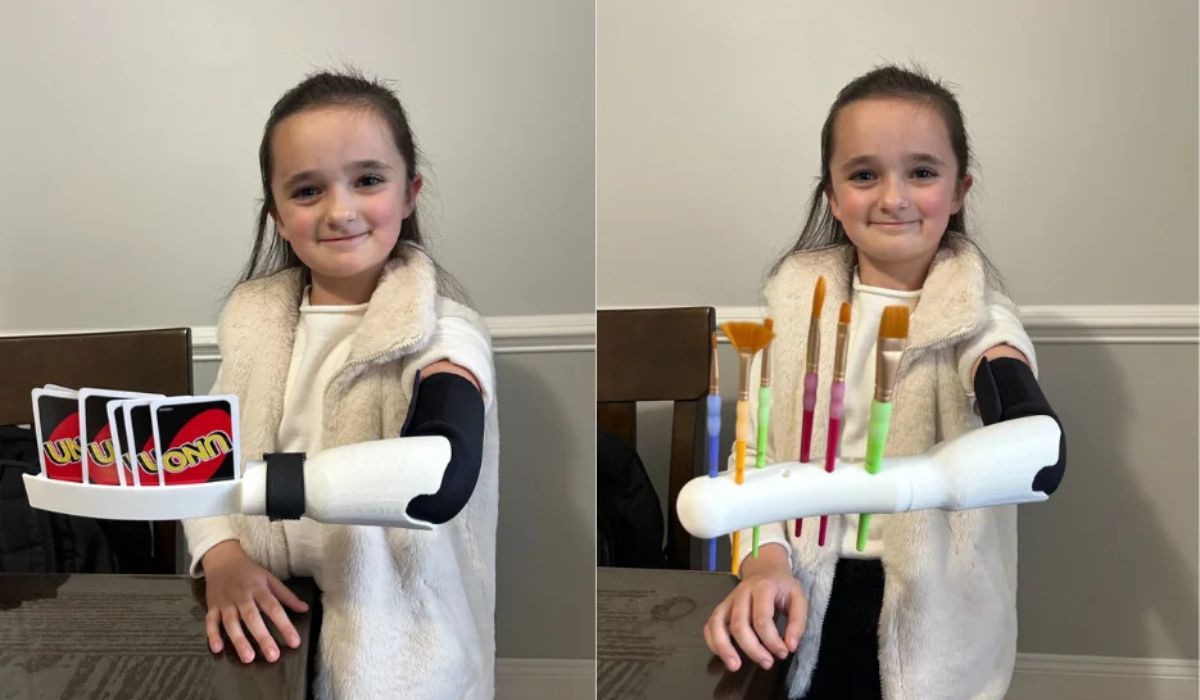 Prótese 3D criada por universitário para irmã de 7 anos reúne UNO, pincel e lanterna em projeto feito na Carolina do Sul. (Imagem: Reprodução/Bob Jones University)