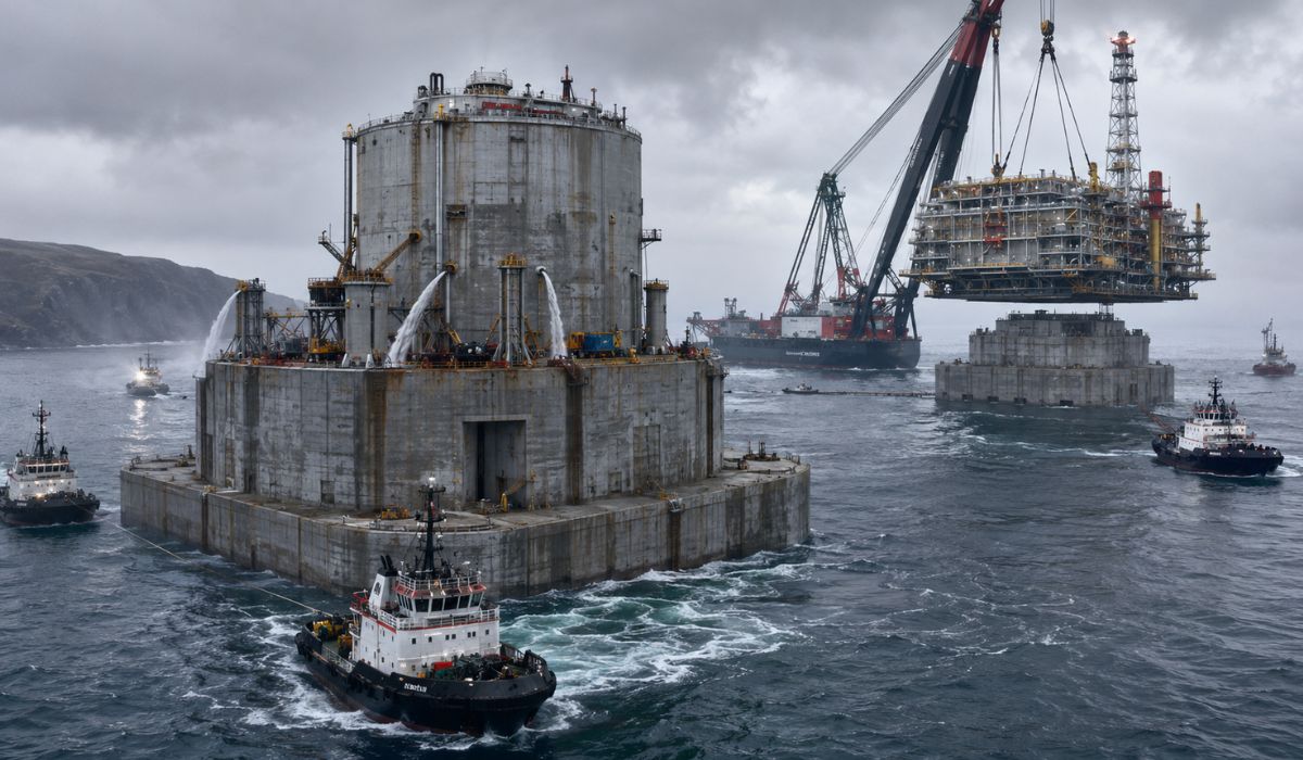 Canadá levou ao mar uma base de concreto de 200 mil toneladas e usou água de lastro para instalar a plataforma offshore West White Rose. (Imagem: Ilustrativa)