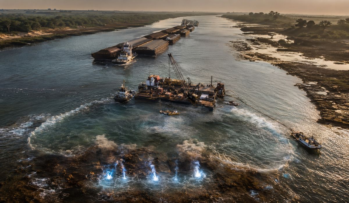 Operação de R$ 293,8 milhões aprofunda 16 km do Rio Tietê com explosões, plasma e cortinas de bolhas para ampliar o transporte de cargas. (Imagem: Ilustrativa)